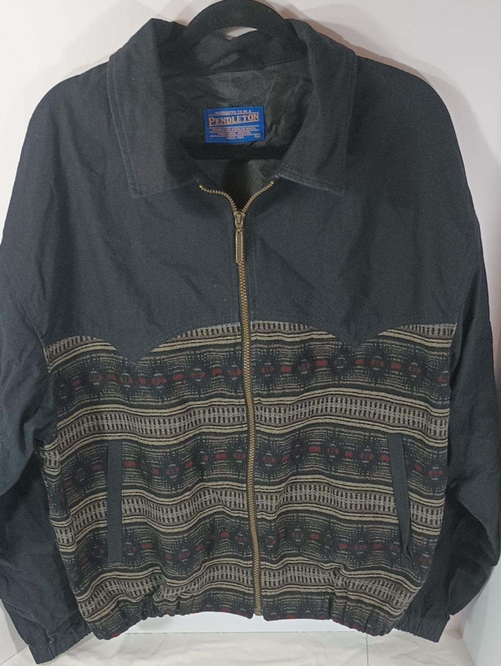 Pendleton Black Bomber Jacket with Woven Patterned Panel